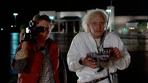 Marty and Doc at the mall recording first time travel.