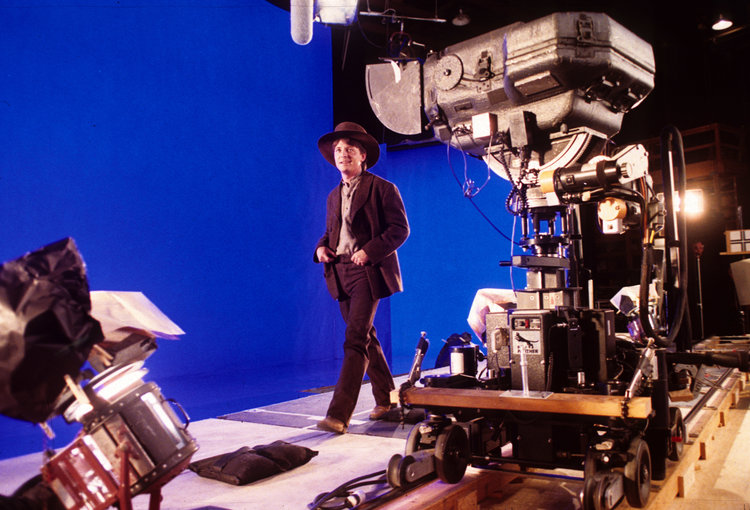 Michaal J. Fox shooting a town scene on blue screen.