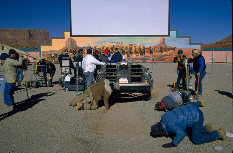 The crew prepping the DeLorean to go 70 years into the past.
