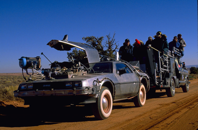 The film crew ready the DeLorean for 88MPH.